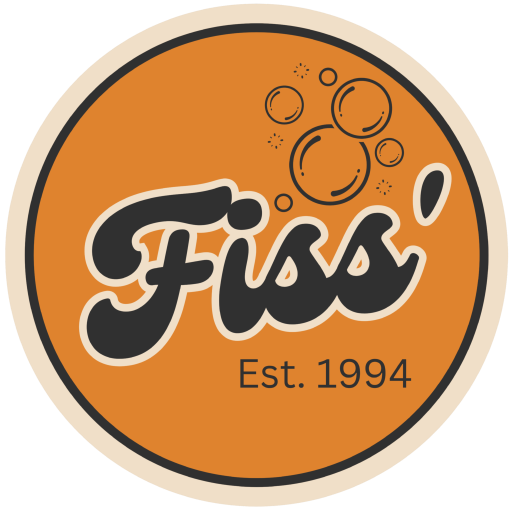A round orange logo with the word "Fiss'" in bold script and white outline, bubbles above the text, and "Est. 1994" written below in yellow. The logo has a beige and dark border.