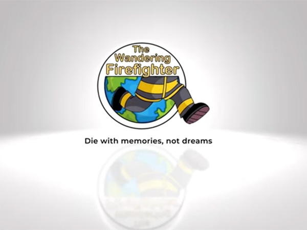 Logo of "The Wandering Firefighter" showing a firefighter's legs walking across a globe, with the tagline "Die with memories, not dreams" written below.