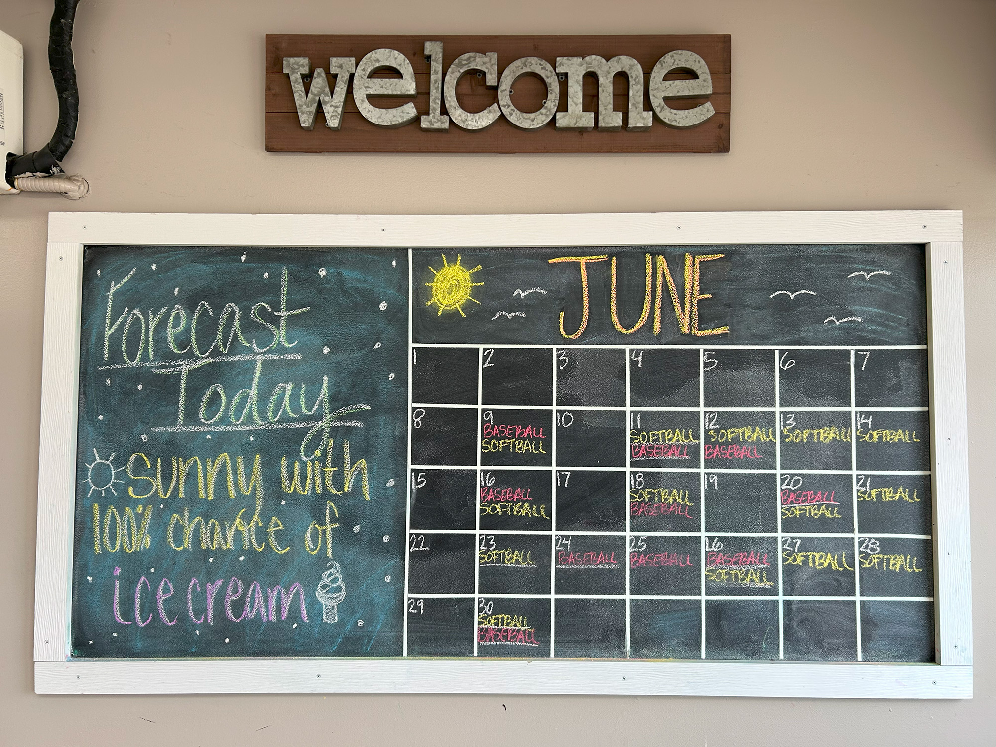 A chalkboard June calendar under a "welcome" sign shows softball and baseball games. Next to it, colorful chalk reads: "Forecast today: Sunny with 100% chance of ice cream," with sun and ice cream cone drawings.